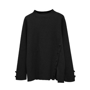 高端胖mm大码毛衣开叉下摆宽松半高领百搭黑色开叉下摆时尚打底衫