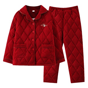 浪莎睡衣女款冬季珊瑚绒法兰绒夹棉三层加厚红色本命年家居服套装