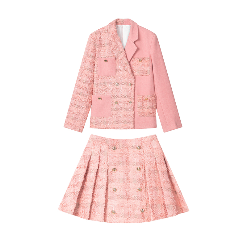 1P STUDIO【限时清仓 5折秒杀】平纹呢小香风西装+百褶半裙两件套