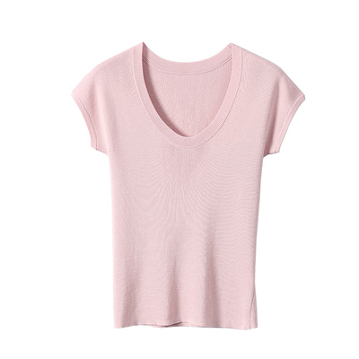 淘么淘 穿搭不重样 三醋酸羊毛莱赛尔紧密修身大U领正肩针织短袖T