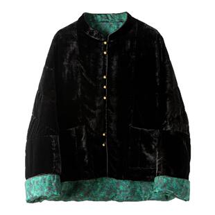 双面穿国风新中式真丝丝绒+缎面提花小立领夹棉棉服外套棉衣女冬