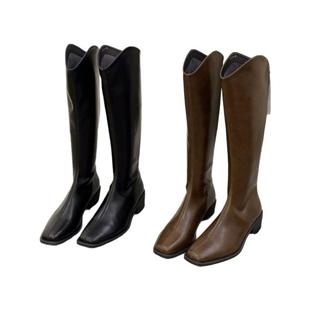 高跟棕色V口瘦瘦靴中筒骑士靴女鞋2025秋冬季方头黑色长筒长靴子