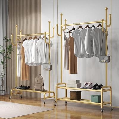 衣帽架家用卧室阳台简易双层可移动落地杆晾衣架收纳挂衣架带轮子