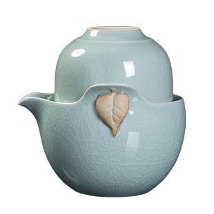 廷怀窑 汝窑快客杯一壶一杯陶瓷旅行茶具便携袋单人 汝瓷开片可养