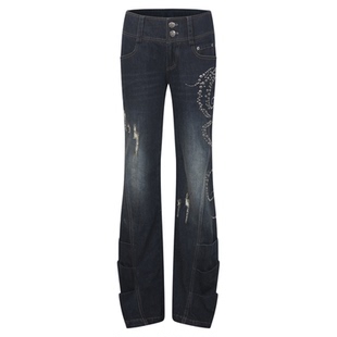 DoublePunch早秋原创中古风直筒微喇做旧烫钻磨破堆堆廓形牛仔裤