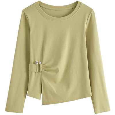 专柜正品压褶开叉长袖T恤女2026春季新款时尚上衣修身显瘦打底衫