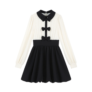 Palglg法式拼接小香风连衣裙女冬季新款富家千金风收腰花苞裙长裙