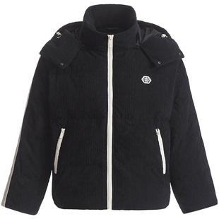 CHINISM丨灯芯绒撞色连帽可拆卸羽绒服男冬季加厚黑色保暖外套