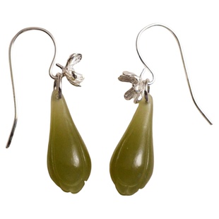 「桃玉映春」925银桃花镶嵌天然和田玉玉兰耳环 新中式耳坠