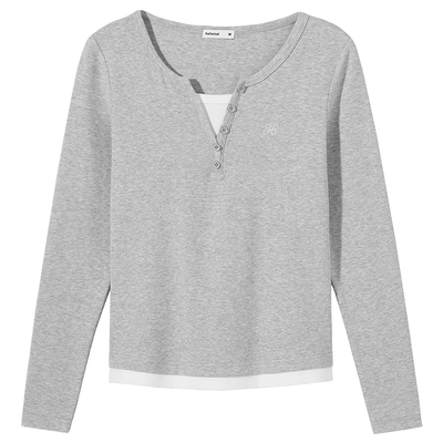 2026年春新款女士假两件长袖T恤