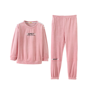 清仓秋季珊瑚绒睡衣女款长袖加绒保暖粉色套头海岛绒春秋冬家居服