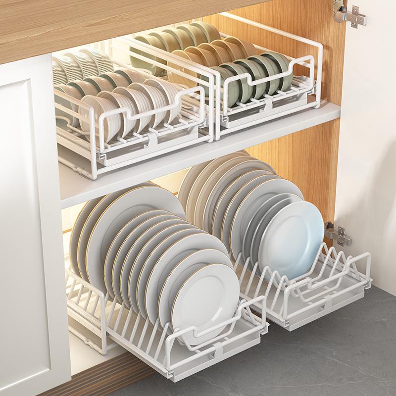 厨房碗碟收纳架橱柜内置抽拉碗架拉篮抽屉式免安装分隔碗盘置物架