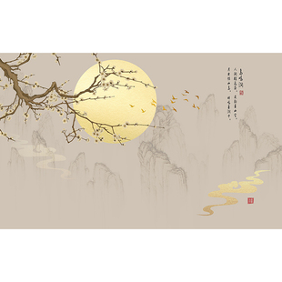 新中式山水云纹定制背景墙壁纸花鸟金月亮客厅书房电视墙壁画墙纸