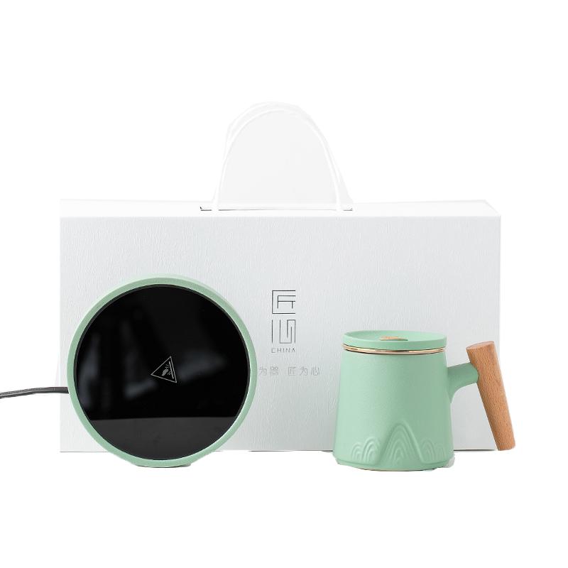 木柄陶瓷茶水分离杯子办公室泡茶杯个人专用水杯自动恒温杯垫加热