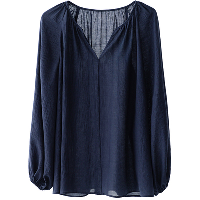 CR藏蓝色V领长袖宽松气质罩衫