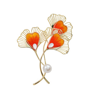 国风复古非遗绒花银杏叶胸针女黄色珍珠贝母优雅轻奢通勤生日礼物