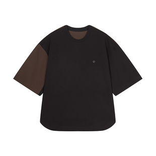 速写男装春夏新款男士短袖T恤宽松棉质拼接撞色刺绣上衣休闲简约