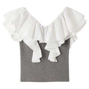 LILY BROWN2025秋冬新品甜美荷叶领拼接露背衬衫上衣LWCT254017