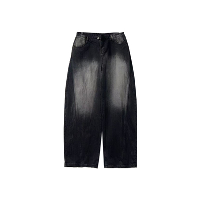 水洗复古裂纹磨白弯刀牛仔裤