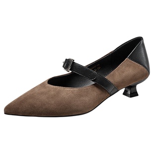YRC一字带尖头低跟高跟鞋女秋季新款通勤玛丽珍舒适复古V口单鞋