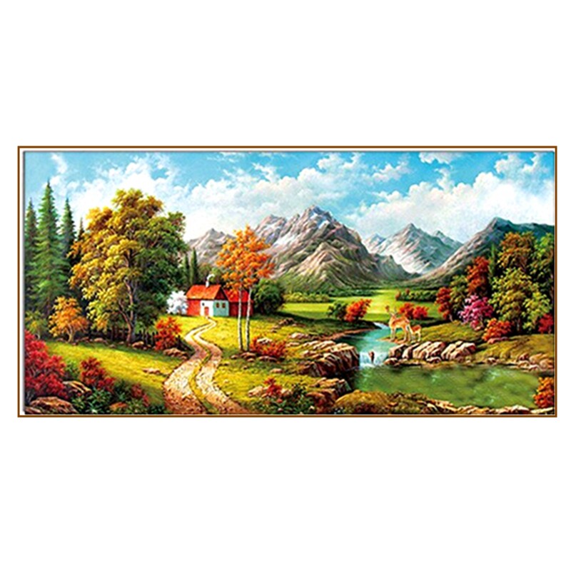 钻石画山水风景小屋小溪小路蓝天