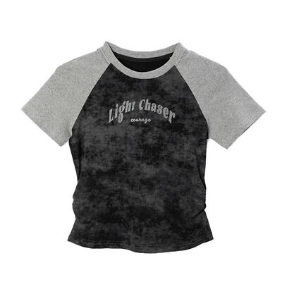 oo&vv撞色插肩袖t恤扎染短袖女2026夏新款甜辣妹显瘦短款修身上衣