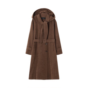 XWI欣未美拉德雾面磨毛高级感风衣女秋冬披肩式连帽长款通勤外套