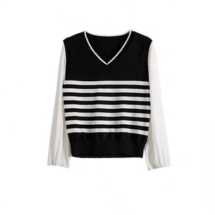 大码女装针织马甲假两件上衣春季2026新款正肩V领宽松条纹毛衣510
