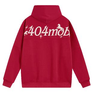 404MOB马年2026新年红重工刺绣加厚加绒保暖连帽卫衣男女潮牌帽衫