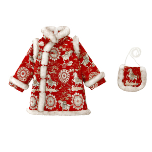 女童中国风唐装拜年服冬季加厚红色元旦跨年服毛绒绒中长款旗袍装