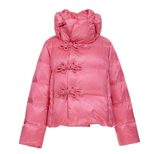 花木深粉色鹅绒羽绒服女短款国风冬装外套盘扣花瓣领新中式过年服