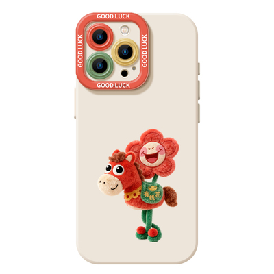 毛绒风马上有钱花新年红色手机壳