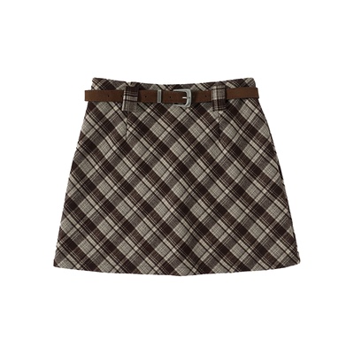 秋冬季高腰复古毛呢格纹半身裙