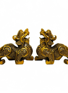 全纯黄铜貔貅公母一对招财摆件