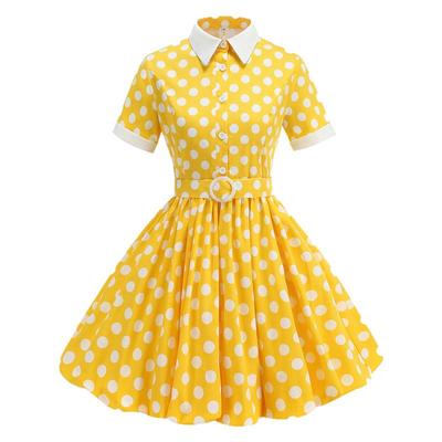 港风波点花苞裙polo领短袖收腰气质赫本复古年代感短款蓬蓬连衣裙