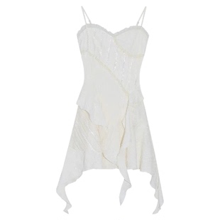 大码胖mm纯欲不规则荷叶边收腰白色吊带连衣裙开衫女辣妹两件套装