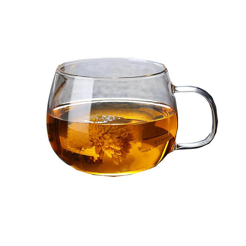 玻璃杯子透明家用泡茶茶杯耐热喝水圆趣花茶杯大肚玻璃杯菊花水杯