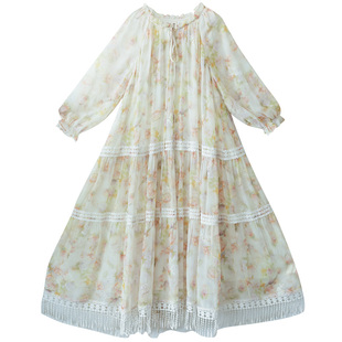 【等风来】复古雪纺印花连衣裙女夏季新款别致镂空刺绣裙宽松花裙