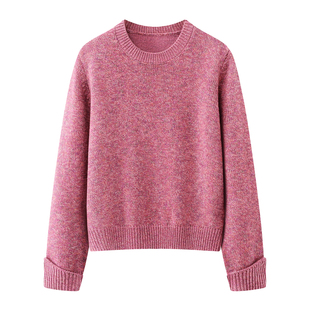 艾格2026新款极简风粉色圆领针织衫女秋冬高级感显瘦百搭毛衣上衣