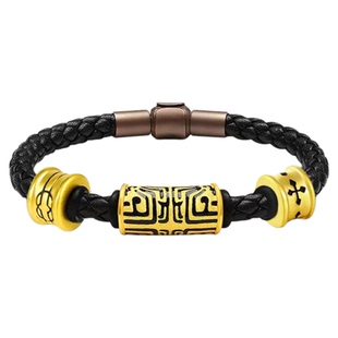 周家款黑皮手链饕餮图腾手绳转运珠男女情侣手链刺青仿黄金替换绳