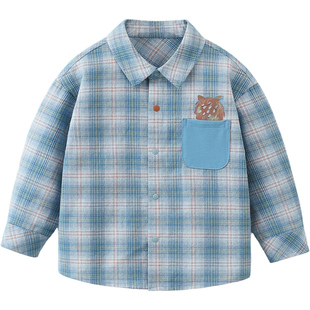 [100%棉]齐齐熊宝宝格子衬衫男童长袖衬衣儿童外套春秋款透气上衣