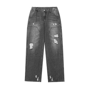 鹿家门国潮大码牛仔裤美式高街宽松休闲直筒伐木工装复古休闲裤男