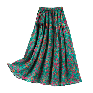 原创苎麻半身裙女2024年夏季新款时尚文艺风气质印花显瘦a字裙夏