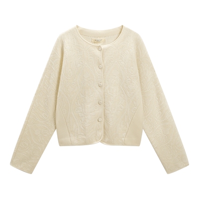 EXCEPTION例外女装绵羊毛提花工艺中式毛针织衫盘扣开衫外套