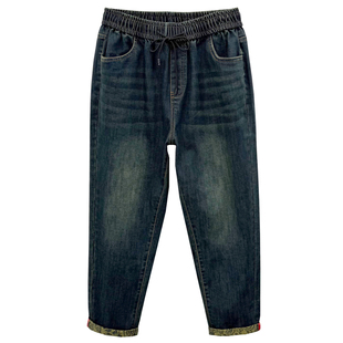 2026春季新品大码女裤胖mm修身显瘦弹力牛仔裤卷边小脚花边铅笔裤