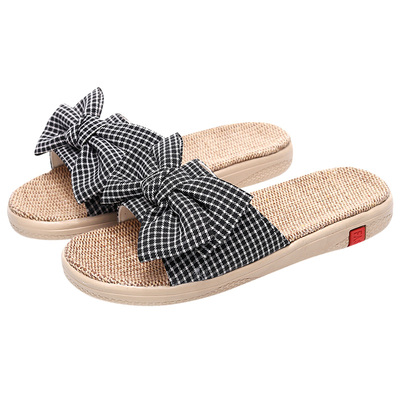 棉布亚麻拖鞋情侣甜美千鸟格厚底