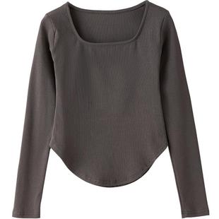 方领锁骨长袖t恤女秋春不规则大U领弧形下摆修身纯棉打底衫上衣潮