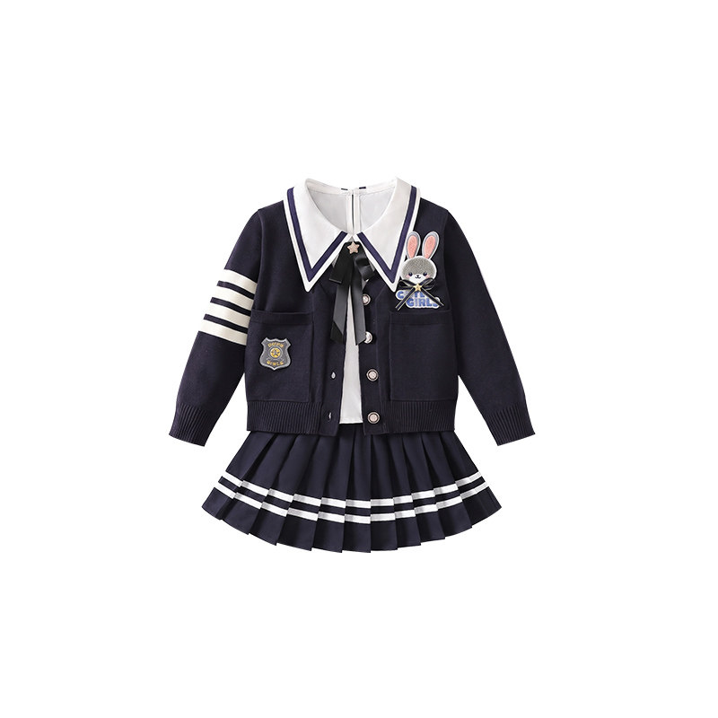 女童秋装新款兔子警官三件套长袖毛衣套装jk学院风裙子儿童衣服秋