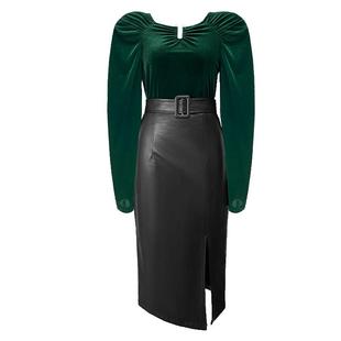 设计感小众假两件丝绒上衣PU皮裙子气质收腰开叉包臀连衣裙中长款