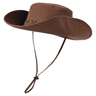 新款西部牛仔帽子夏女欧风复古渔夫帽防紫外线抽绳大头围防晒男帽